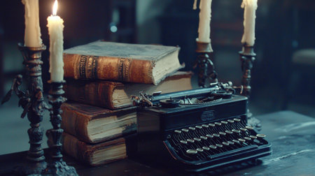 An eerie, candlelit study with old books, an ancient typewriter, and a mysterious aura of the past.の素材