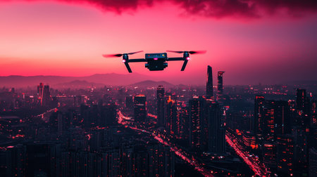An autonomous drone hovering over a high-tech metropolis at night.の素材