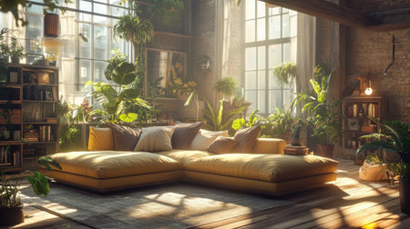 A sunlit living room with potted plants, wooden floors, and a big cozy sofa.の素材