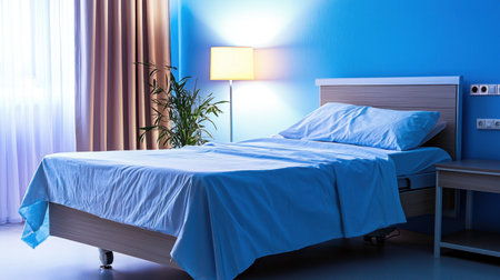 A hospital patient room with a neatly made bed, medical equipment, and soft, sterile lighting.の素材