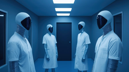 A futuristic AI-controlled factory with fully automated robotic armsの素材