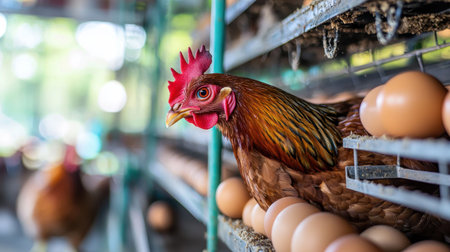 An automated poultry farm with smart feeding and egg collection systems.の素材