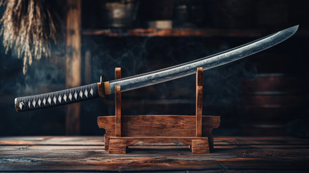 A samurai sword resting on a wooden stand in a traditional dojo.の素材