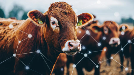 AI-powered facial recognition system tracking livestock health and movement.の素材