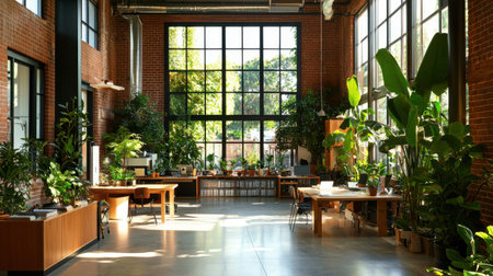 A stylish coworking space with open desks, indoor plants, and large floor-to-ceiling windows.の素材
