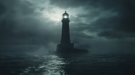 An isolated lighthouse on a distant shore, its light guiding nothing but the wind.の素材