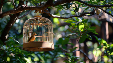 A lone birdcage, its door open, yet no bird remains inside, a metaphor for freedom lost.の素材