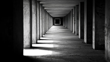 A long, empty hallway with no doors or windows, stretching into darkness, creating a surreal sense of emptiness.の素材