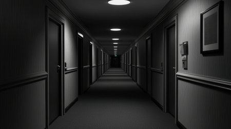 A long, empty hallway with no doors or windows, stretching into darkness, creating a surreal sense of emptiness.の素材