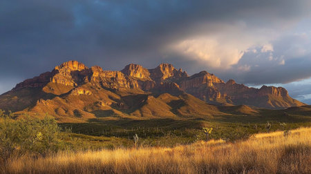 A desert awakens beneath the gentle touch of dawn, its golden dunes and towering peaks bathed in a dreamlike glow.の素材