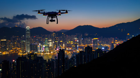 An autonomous drone hovering over a high-tech metropolis at night.の素材