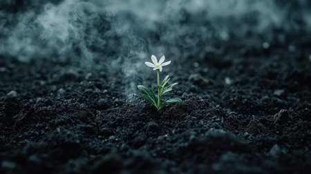 A mesmerizing fusion of earth and spirit unfolds as delicate flora emerge from soil infused with ethereal energy, bridging nature realms.の素材