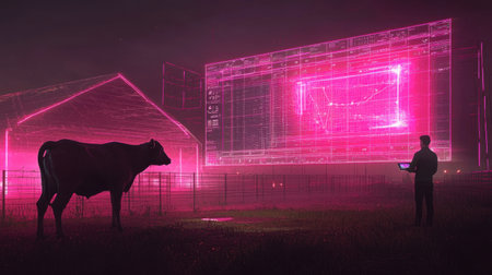 A futuristic farm with real-time data analytics displayed on a digital tablet.の素材