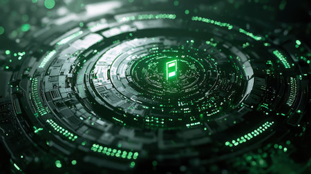 A futuristic digital lock surrounded by binary code, symbolizing cybersecurity.の素材