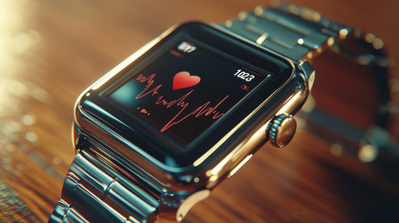 A close-up of a sleek fitness tracker on a wrist, displaying heart rate and step count in a modern digital interface.の素材