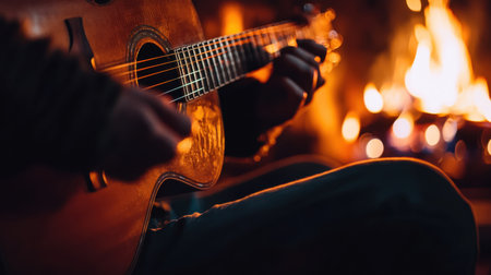 A close-up of a guitarist's fingers pressing the strings, as the firelight flickers in the background.の素材