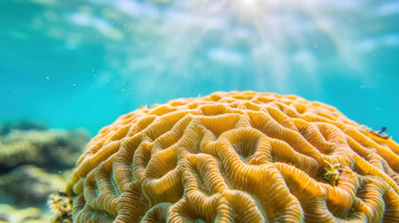 Close-up of a textured brain coral, teeming with small marine creatures, illuminated by sunlight in crystal-clear ocean water.の素材