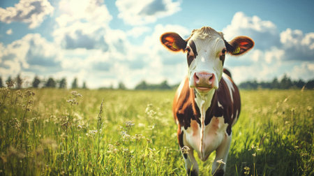 A Holstein cow stands in a lush green summer field, chewing cud, with its full udder visible and open sky for copy space.の素材