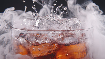 A close-up of an icy cola drink splashing inside a transparent glass, with cool smoke in the background for a refreshing effect.の素材