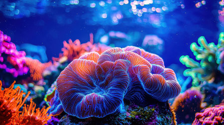 A deep-sea snapshot of brain coral, surrounded by vibrant aquatic life and the shimmering reflections of the ocean surface.の素材