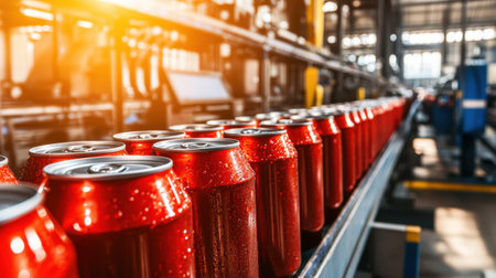 A row of identical aluminum soda cans moving on a conveyor belt, representing beverage industry mass production with copy space.の素材