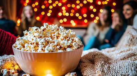 A fun movie night setup with cozy lighting, happy friends, and a large bowl of popcorn in the center of the table.の素材