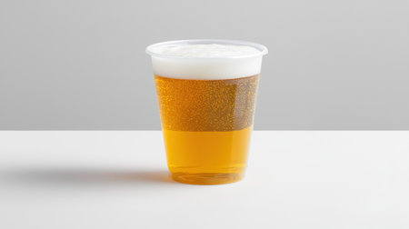 A single clear plastic cup of draft beer with a smooth foam layer, placed on a white surface for product presentation.の素材
