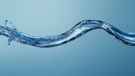 A dark blue water splash captured in mid-air, forming elegant fluid curves with copy space on a gradient blue background.の素材
