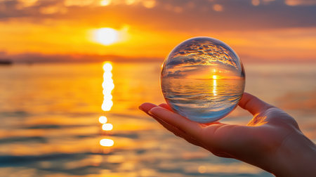 A hand holding a transparent crystal ball, capturing the reflection of a stunning golden sunset over a tranquil ocean.の素材