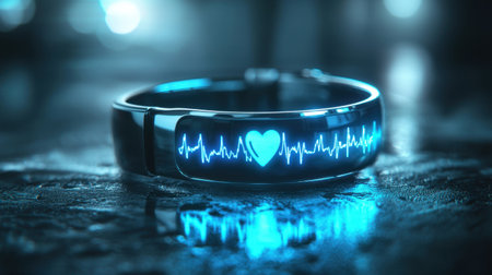 A stylish smart band glowing in the dark, showing heart rate stats and fitness goals progress.の素材