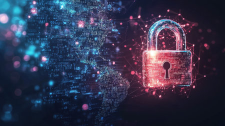A futuristic concept of cybersecurity with a luminous padlock, binary code, and a high-tech global network in the background.の素材