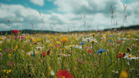 A field of wildflowers alive with bees, each carrying golden pollen sacks, under a soft blue sky.の素材