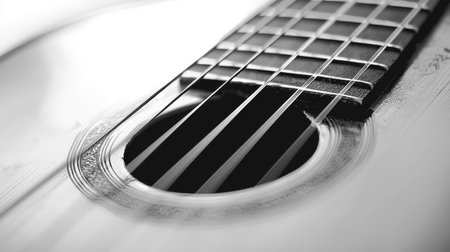 Monochrome image of an old electric guitar, its strings and frets in sharp focus, with negative space for text or design.の素材