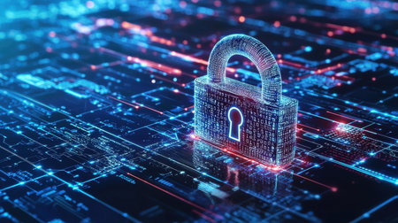 A futuristic concept of cybersecurity with a luminous padlock, binary code, and a high-tech global network in the background.の素材