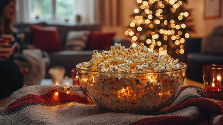 A fun movie night setup with cozy lighting, happy friends, and a large bowl of popcorn in the center of the table.の素材