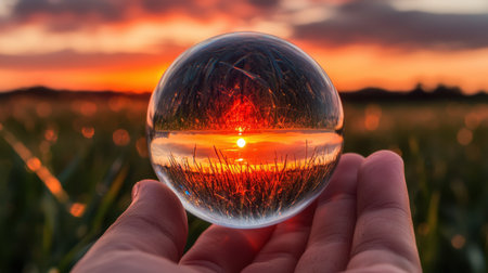 A mesmerizing sunset scene inverted inside a glass sphere, held delicately between fingers, with warm hues filling the sky.の素材