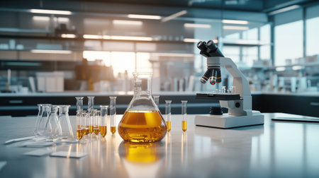 A modern laboratory background featuring softly blurred scientific equipment, including glass test tubes and a microscope, leaving room for text.の素材