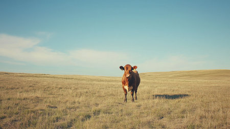 A healthy dairy cow in full view, framed naturally with an open field and blue sky, creating perfect room for copy space.の素材