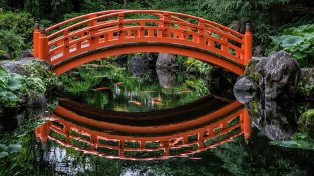 A Zen-inspired Japanese garden with a traditional red bridge reflecting on the still water of a koi pondの素材