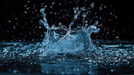 Close-up of a dramatic water splash in deep blue tones, isolated on a dark background with ample copy space for design use.の素材