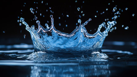 Close-up of a dramatic water splash in deep blue tones, isolated on a dark background with ample copy space for design use.の素材
