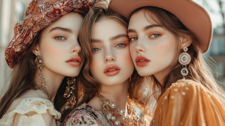 Modern beauty and style portrait of three refined women elegantly presenting a delicate jewelry piece in a chic setting.の素材