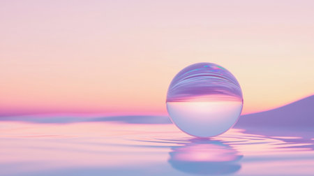 A perfectly round crystal ball capturing the entire spectrum of sunset colors, mirroring the horizon in its tiny world.の素材