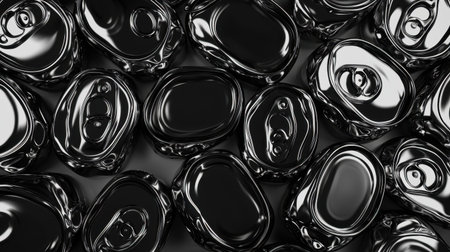 High-angle view of metallic soda cans with glossy reflections, filling the frame but leaving copy space for marketing use.の素材