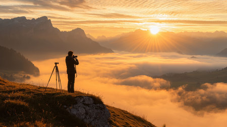 A photographer setting up a tripod on a mountaintop, capturing a golden sunrise over a misty valley.の素材