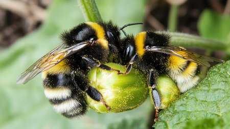 Close-up of bees collecting pollen from vibrant garden flowers, their legs filled with golden pollen baskets.の素材