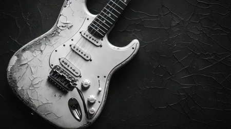 Classic black and white shot of a vintage electric guitar resting on a textured surface, offering perfect copy space for music-related content.の素材