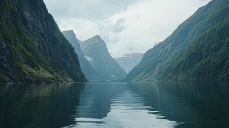 A stunning Norwegian fjord with dramatic mountain peaks reflecting in the still water, evoking tranquility and timeless natural wonder.の素材