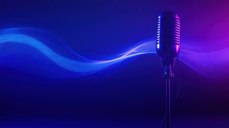 Studio-quality microphone against a moody blue gradient background, enhanced by an abstract soundwave animation, perfect for music production themes.の素材
