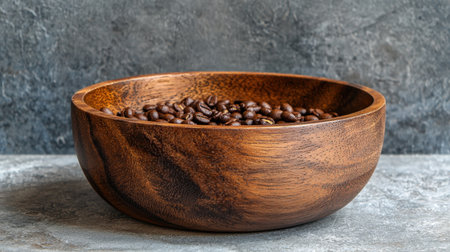 Minimalist composition featuring a wooden bowl with coffee beans on a matte surface, offering a balanced copy space.の素材